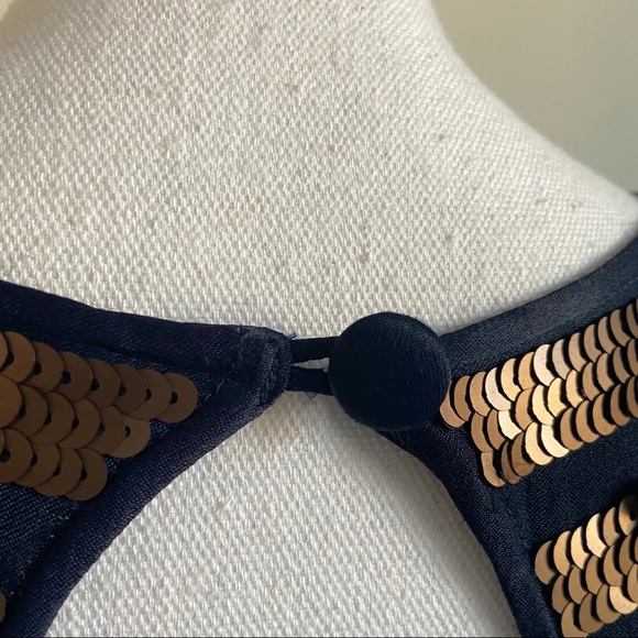 French Connection Sequin Shift Dress Size 4 Black Gold Stripe Short Sleeve Dress - Picture 9 of 15